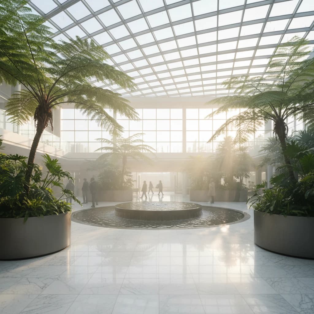 Sunlit atrium with glass ceiling, marble floor, ferns, a bit of morning haze.