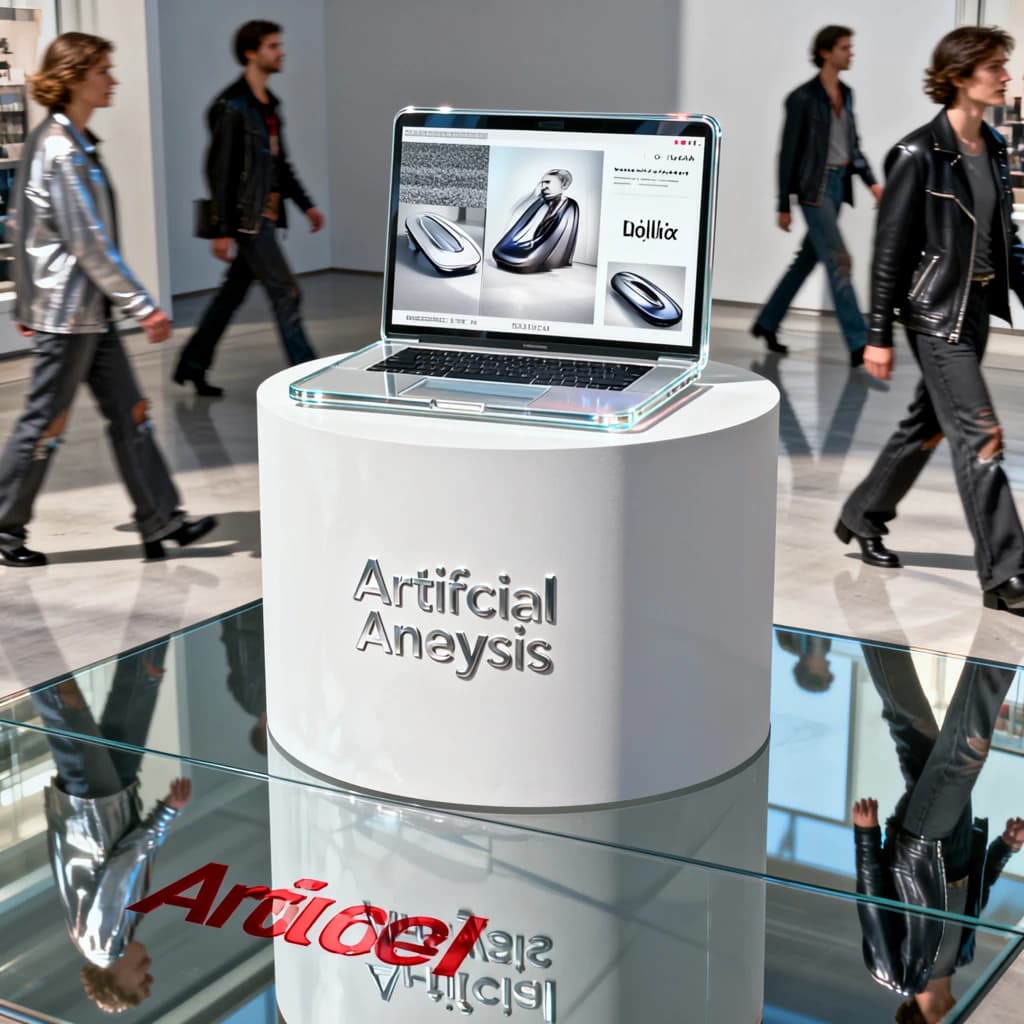 In a spotless gallery space, a pedestal supports a transparent laptop whose screen flickers between static and pristine brand imagery. Shoppers blur past in designer clothes that appear slightly outdated - bell bottoms, metallic jackets. The embossed logo “Artificial Analysis” glints silver, yet its reflection in the glass floor reads in crimson letters. A single spotlight shines, though shadows fall in two directions.