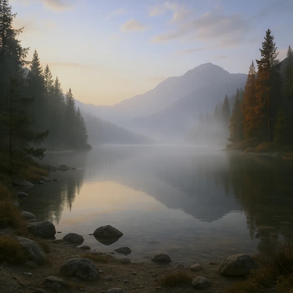 I want a photo of a misty alpine lake at dawn, pines, glassy water, warm light.