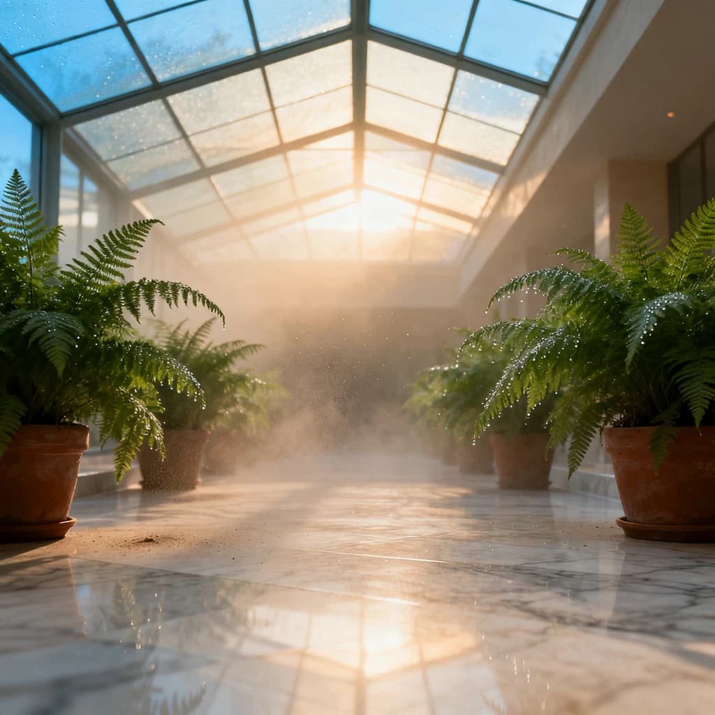 Sunlit atrium with glass ceiling, marble floor, ferns, a bit of morning haze.