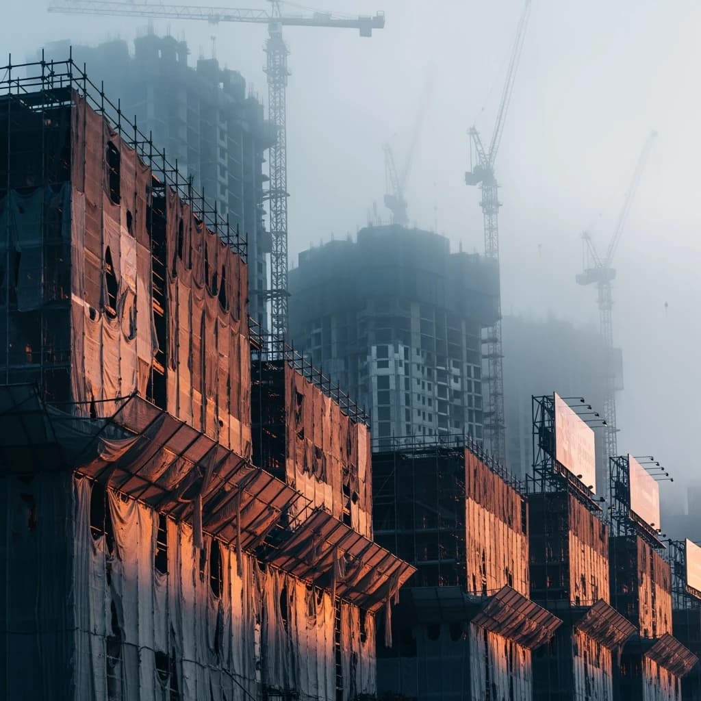 A construction site stretched upward into fog, cranes frozen in silhouette. Wind rattled scaffolding draped with torn mesh that glowed faintly from nearby billboards