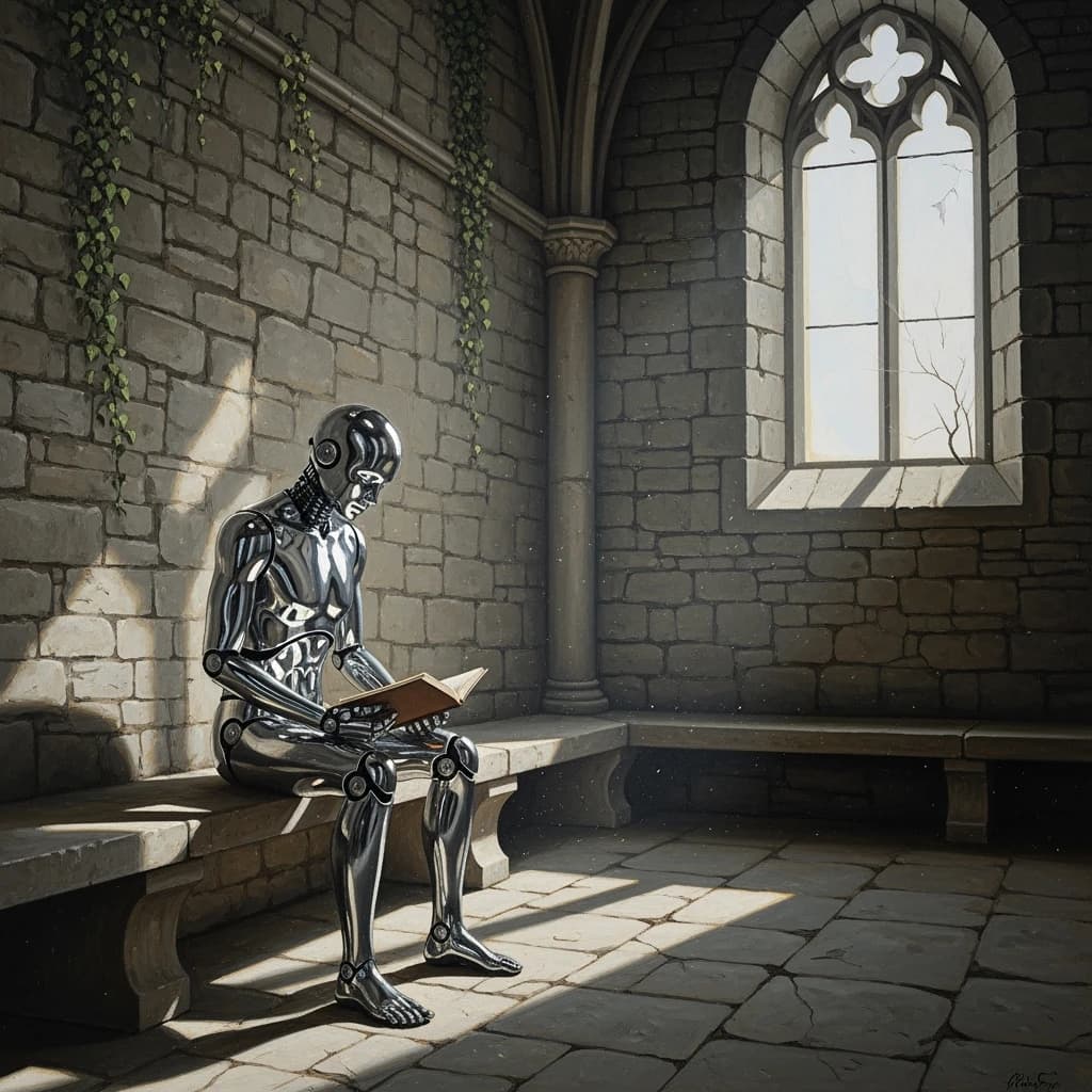 Oil painting of a chrome android reading in a stone chapel, a bit somber.