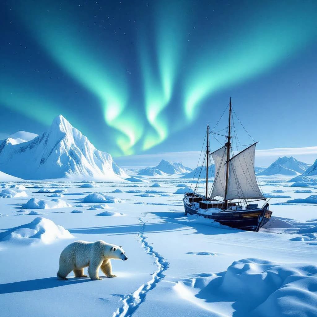 An endless tundra stretches outward, littered with jagged icebergs shaped like cathedral spires. A polar bear trudges across the foreground but leaves no tracks. Auroras ripple overhead. A half-buried shipwreck juts from the snow — sails billowing despite the still air.