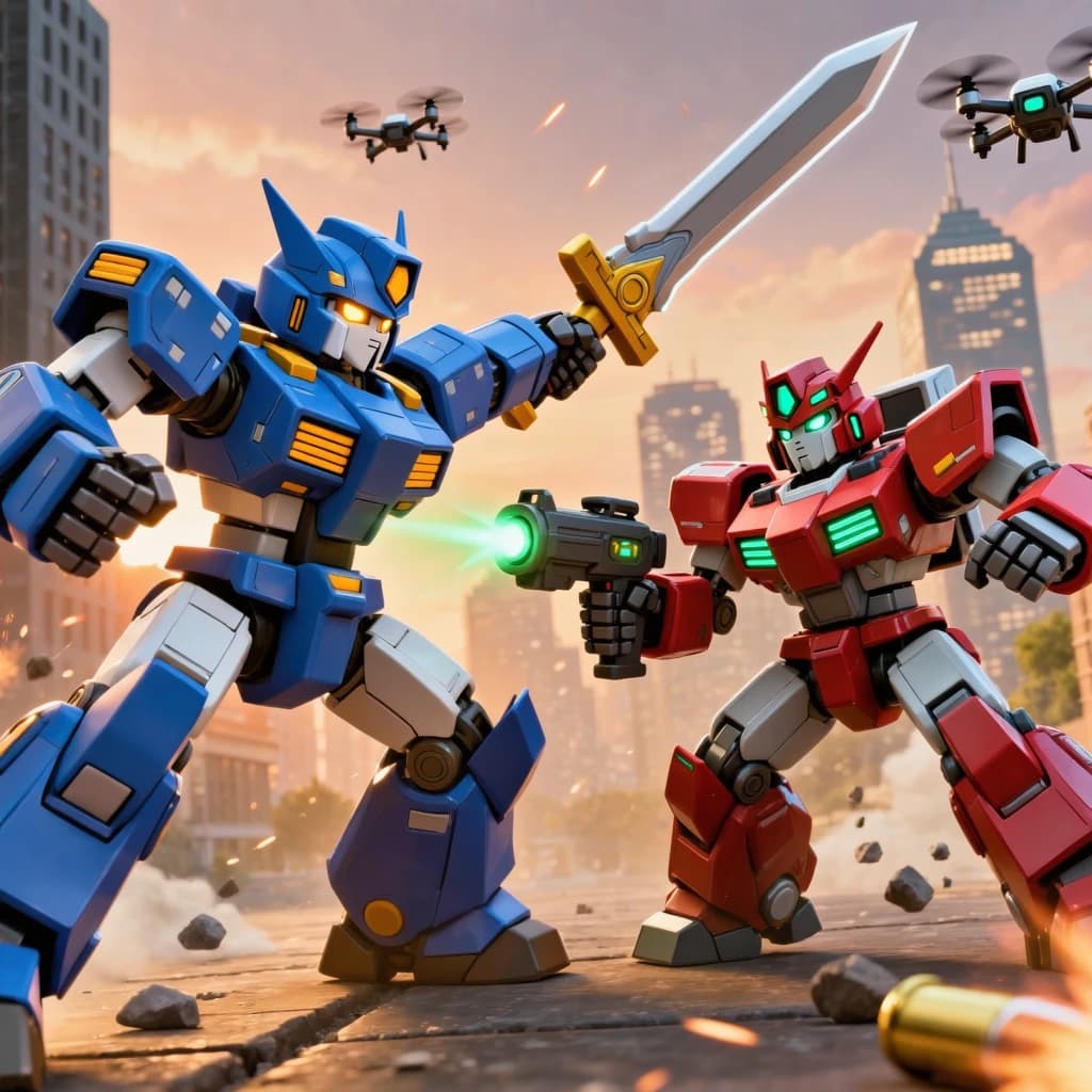Make a cel-shaded mecha duel at dusk downtown.