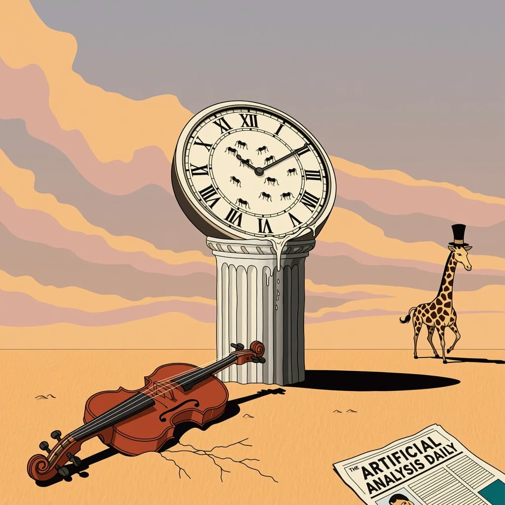 A vast desert plain stretches endlessly under a sky streaked with pale pink and ochre clouds. In the center stands a colossal clock, its face drooping and melting over the edge of a broken marble column. Ants swarm across its warped surface, glinting in the harsh sunlight. To the right, a horse with a giraffe like neck wearing a top hat strides toward the horizon, its shadow stretching miles across the sand. A cracked violin lies half-buried in the foreground, strings snapping outward like veins. Painted in the dreamlike surrealist style. A newspaper named the "Artificial Analysis Daily" lies on the Floor.