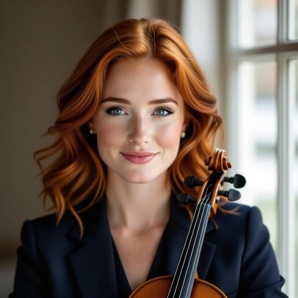 Capture a head-and-shoulders portrait of a freckled red-haired violinist in a navy blazer, soft window light, 85mm at f/1.8, gently smiling yet serious eyes, muted tones.