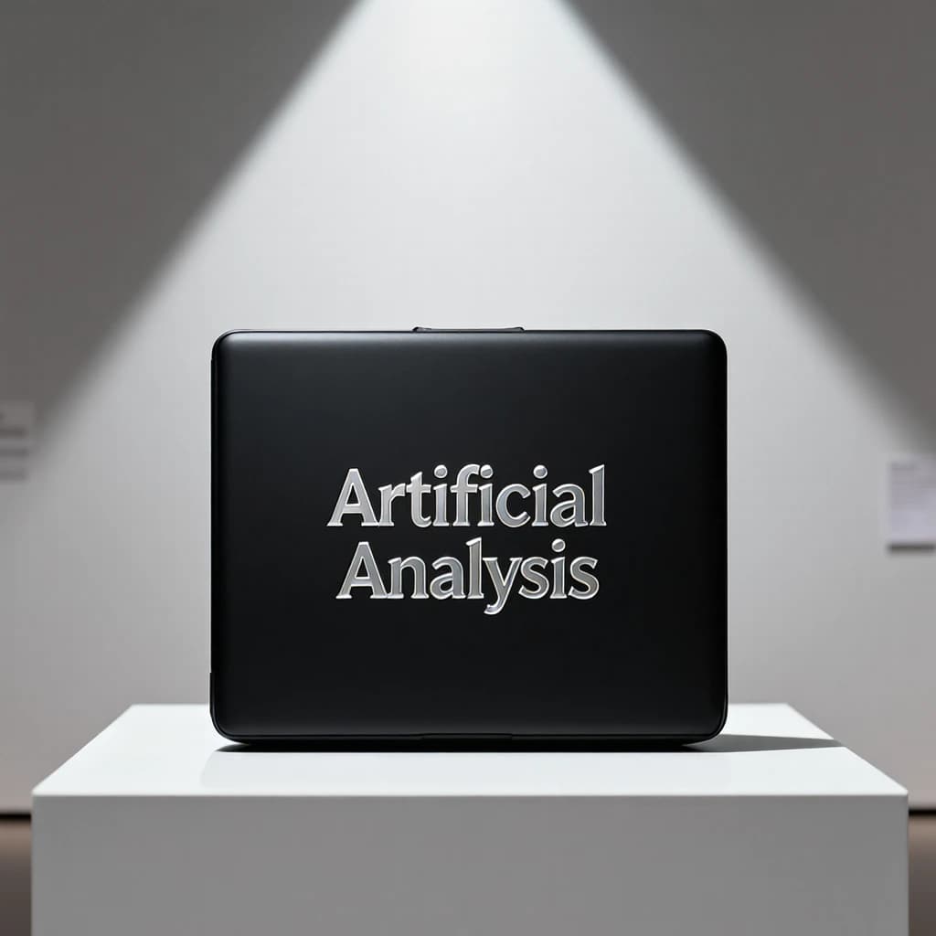A premium matte black laptop-sized box rests on a pure white pedestal within a gallery space. Overhead, a single spotlight carves sharp contrast, leaving the edges in deep shadow. The brand name Artificial Analysis is embossed in silver foil, glinting faintly as though it were jewelry.