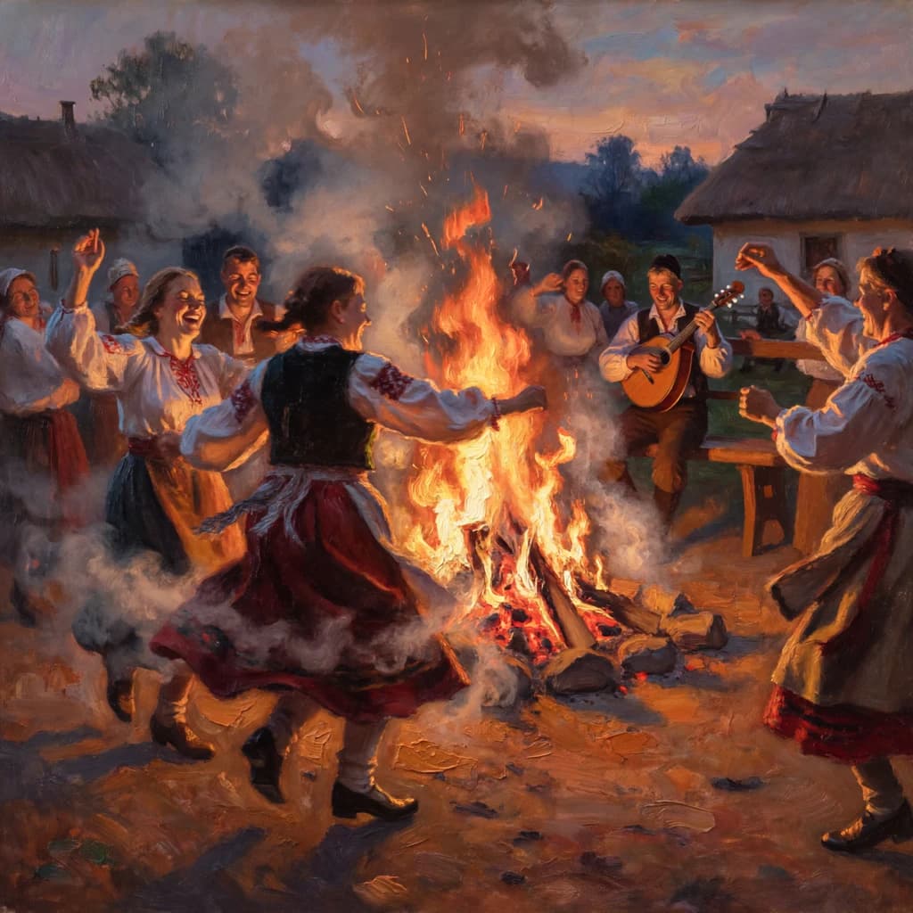 Make an oil painting of villagers dancing by a bonfire at dusk, a bit smoky.