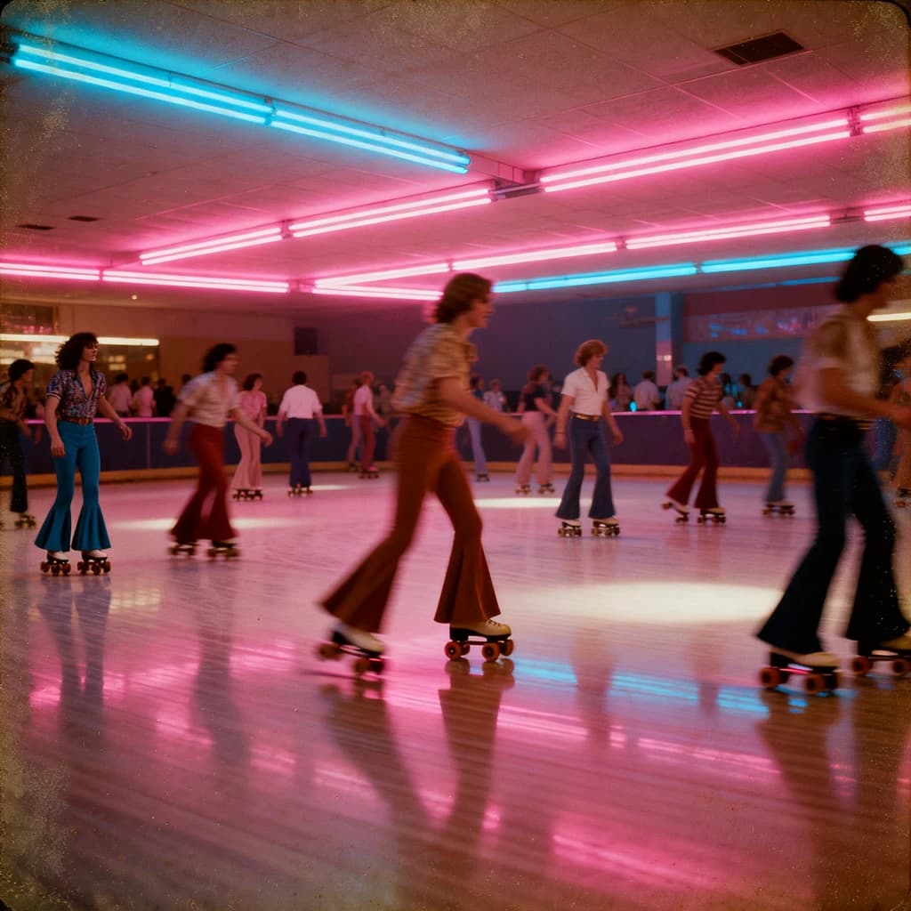 A 1970s roller rink crowd skates under neon, with a bit of fade and film grain.