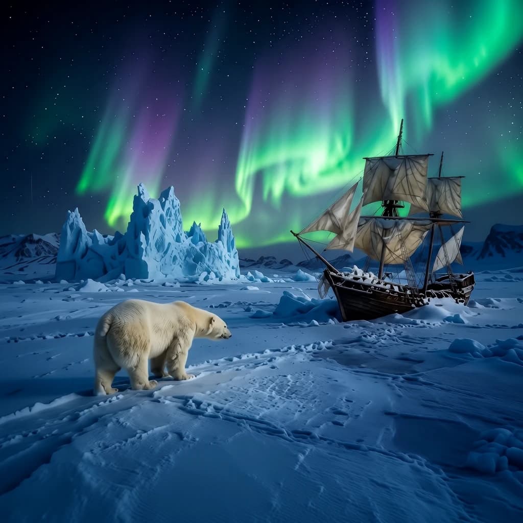 An endless tundra stretches outward, littered with jagged icebergs shaped like cathedral spires. A polar bear trudges across the foreground but leaves no tracks. Auroras ripple overhead. A half-buried shipwreck juts from the snow — sails billowing despite the still air.