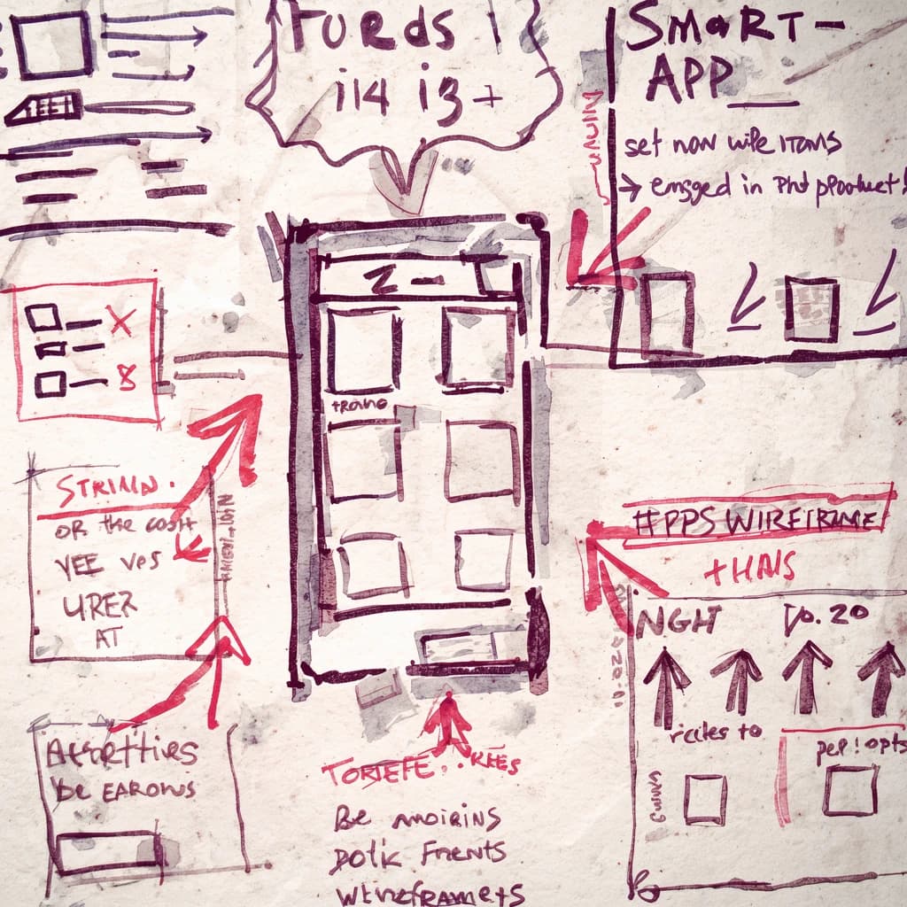 A rough watercolor of hand-drawn app wireframes, sticky notes, and red arrows.