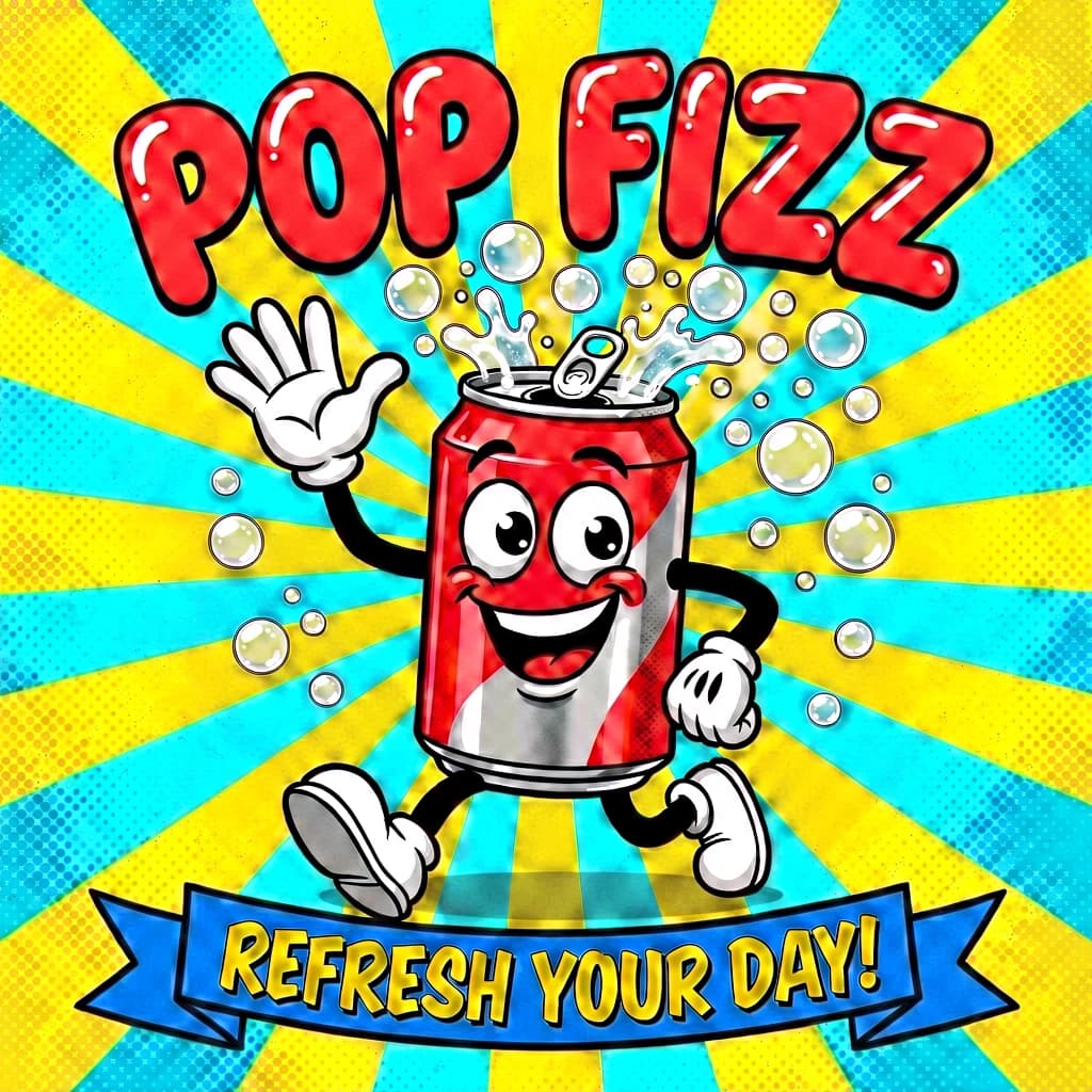 Design a bright soda billboard ad with a bubbly can mascot, thick inky lines.
