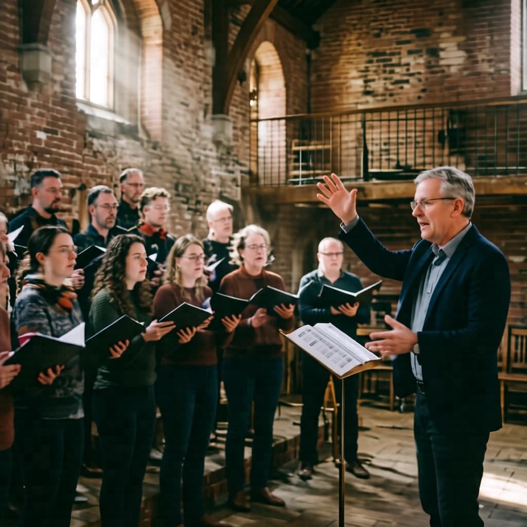 A choir rehearses in a brick hall as somewhat dramatic morning light falls through high windows, with a patient conductor mid-gesture, open scores, intent faces, slight motion blur.