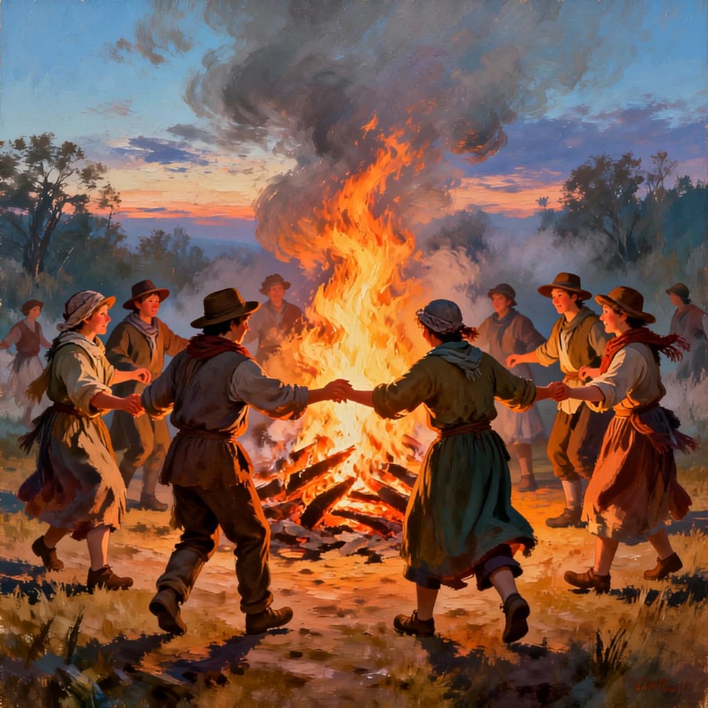 Make an oil painting of villagers dancing by a bonfire at dusk, a bit smoky.