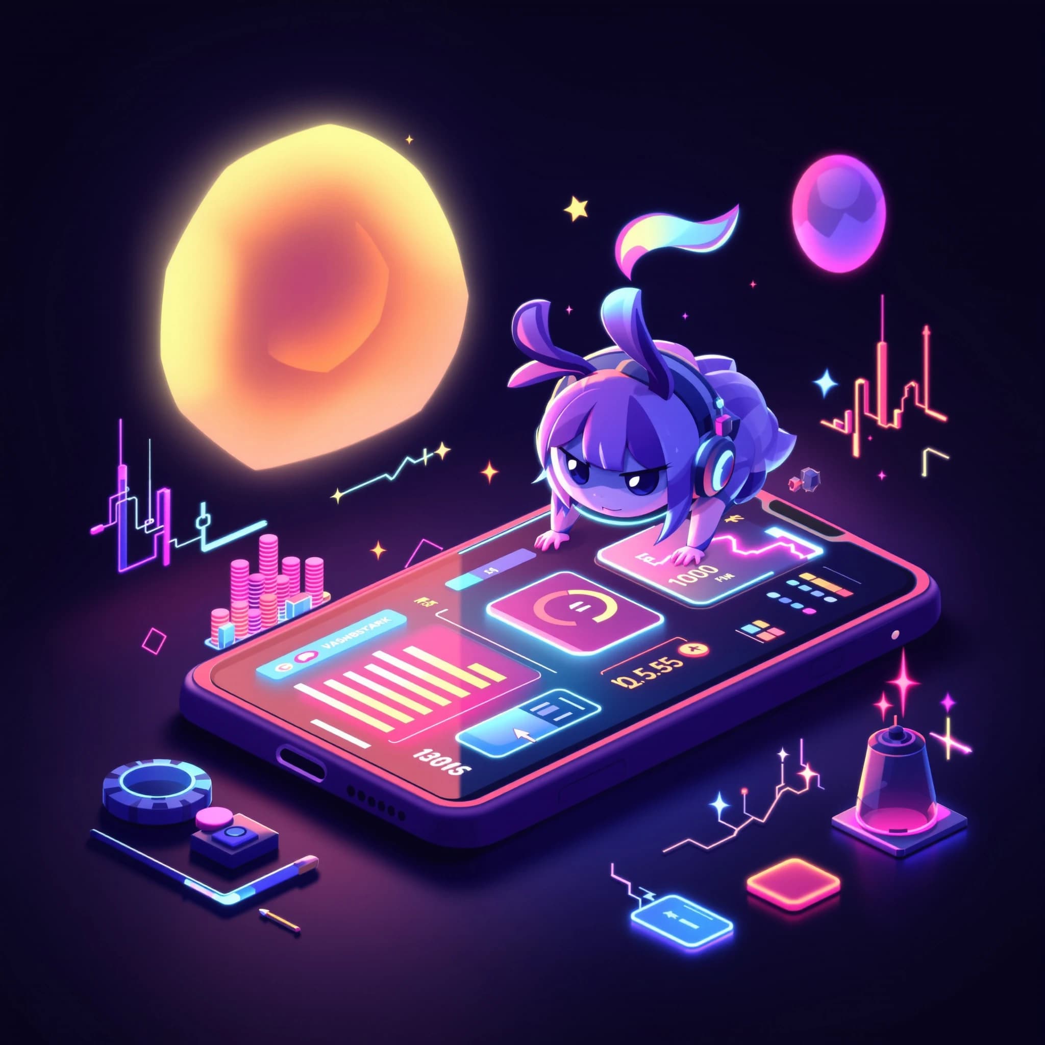 A chibi artist crafts a sleek mobile dashboard, neon pastel glow.
