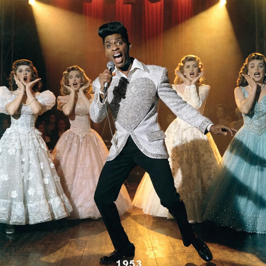An archival image from 1953 of the rock singer swinging his hips on the stage while glamorous back up singers feign shock at his gyrations! He wears a diamond encrusted jacket with the stones arranged in the shape of a heart