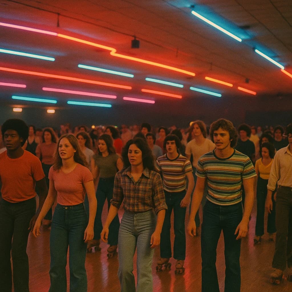 A 1970s roller rink crowd skates under neon, with a bit of fade and film grain.