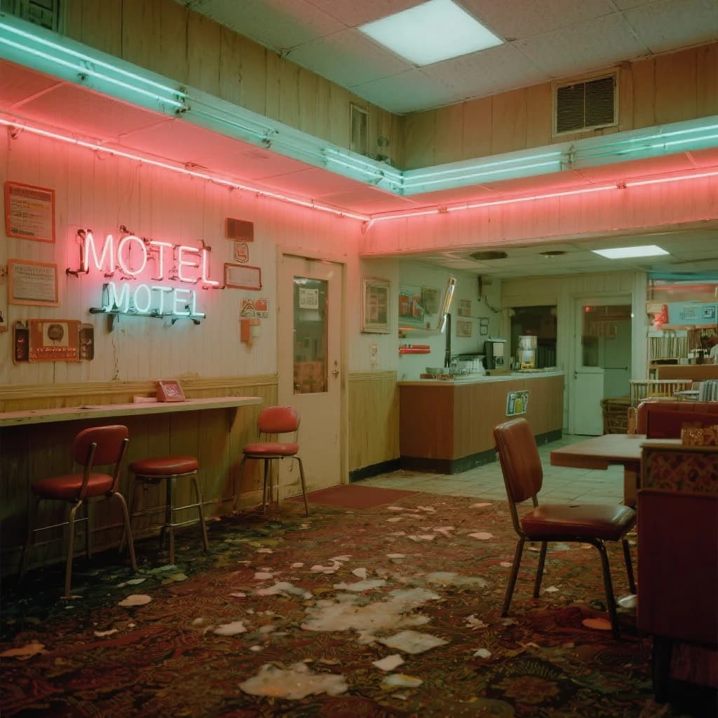 Show a faded 70s motel lobby with humming neon, sticky carpet, film grain.