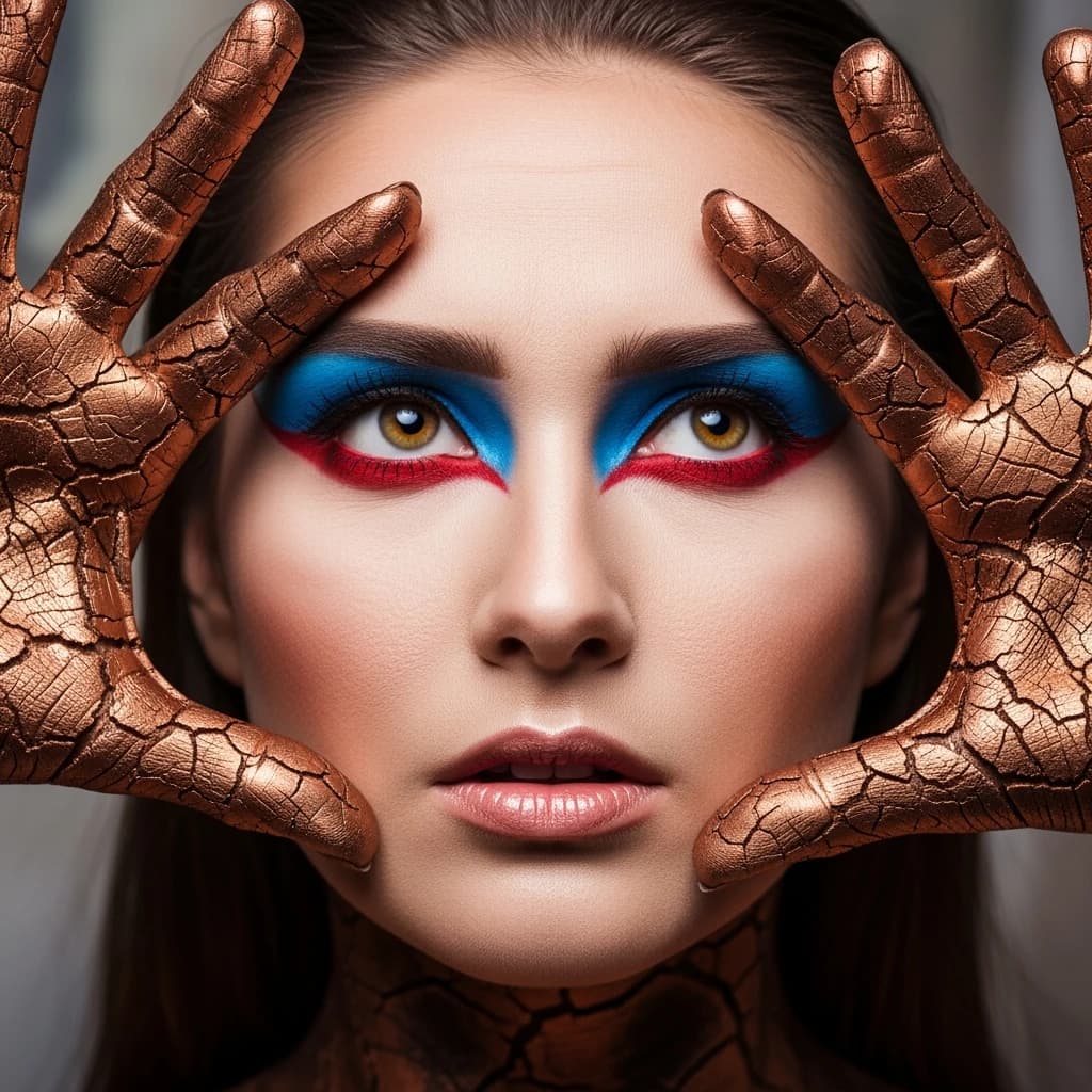 A striking close-up portrait of a woman with cracked metallic copper-painted hands framing her face. Her vivid blue and red eye makeup contrasts sharply with the smooth, pale skin and muted background, creating a bold, surreal composition. She displays an air of uncertainty about her