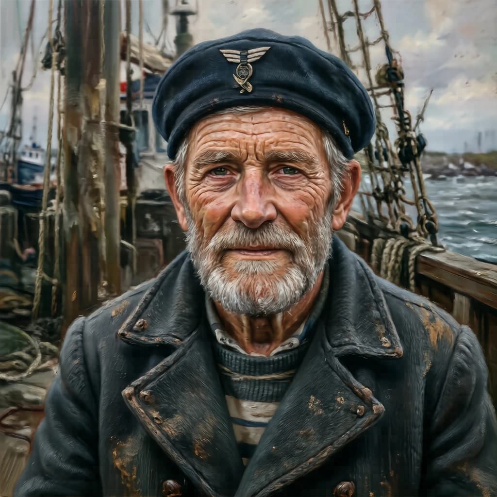 Oil on canvas portrait of an elderly sailor, weathered face, soft light.