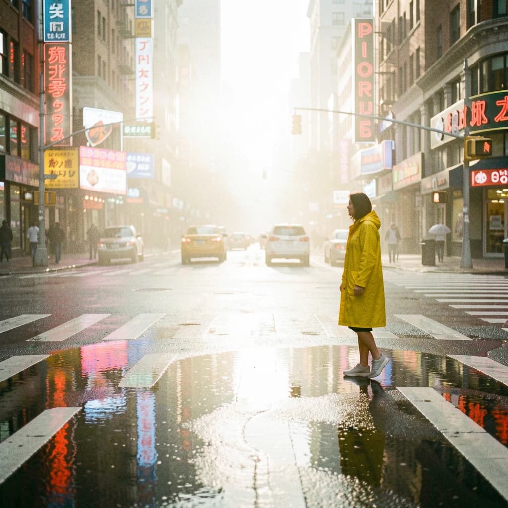 A sunlit city street after rain; puddles mirror neon signs as a woman in a yellow raincoat waits at a crosswalk, soft mist, 50mm look, natural tones, a bit of film grain.
