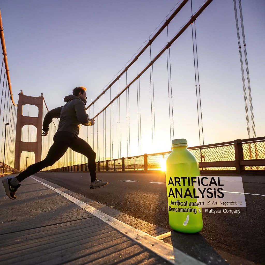 A runner dashes across the Golden Gate Bridge at dawn, sunlight streaming between cables. In their hand, they carry a neon-green sports drink with the brand name Artificial Analysis splashed boldly across the bottle. Motion blur emphasizes speed, while crisp purple sans serif typography overlays the bottom right of the scene with the tagline: Artificial Analysis is an independent AI benchmarking & analysis company