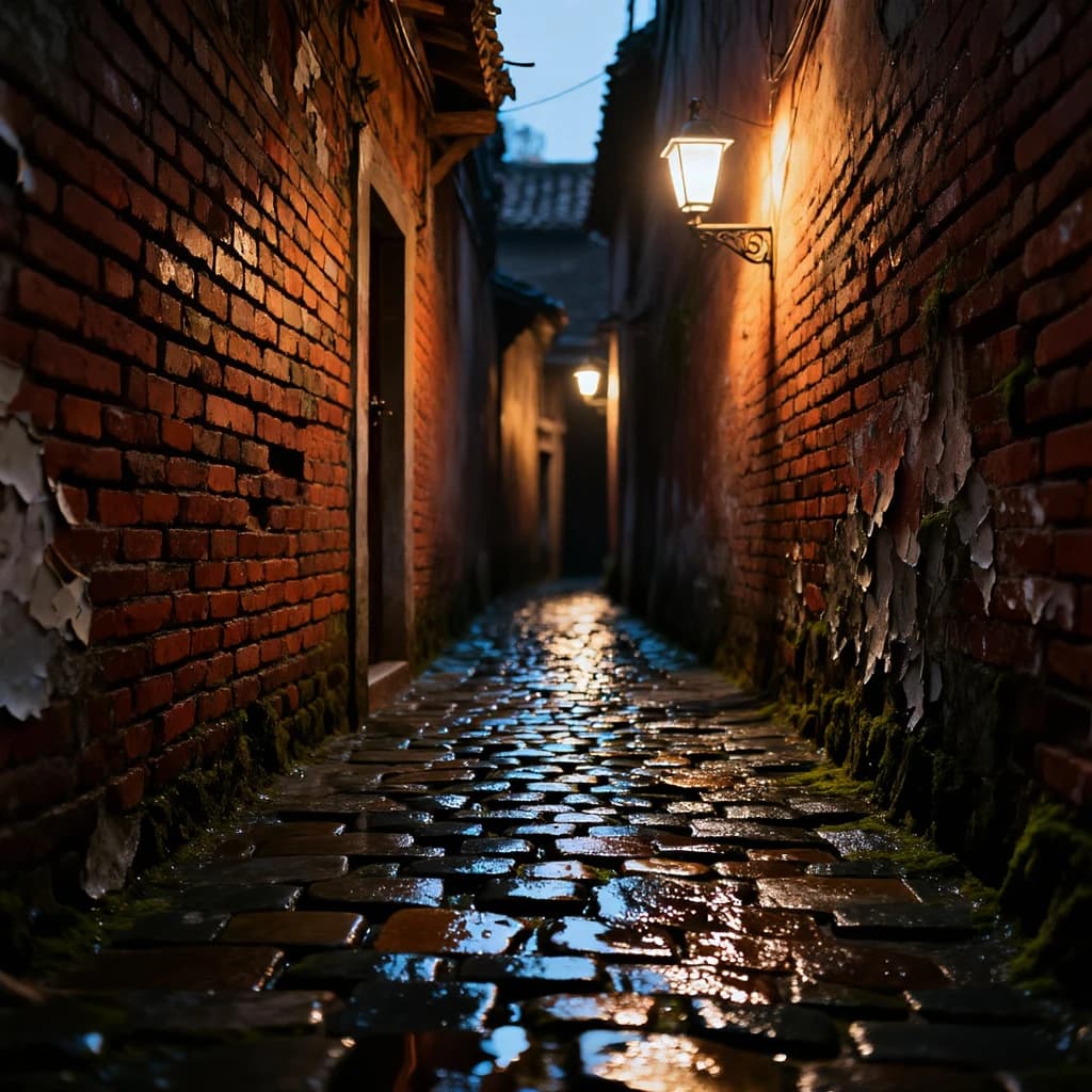 Show a narrow brick alley with wet cobblestones.