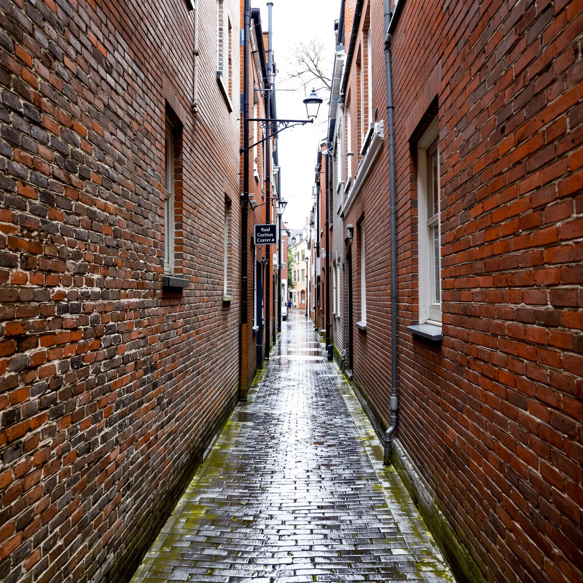 Show a narrow brick alley with wet cobblestones.