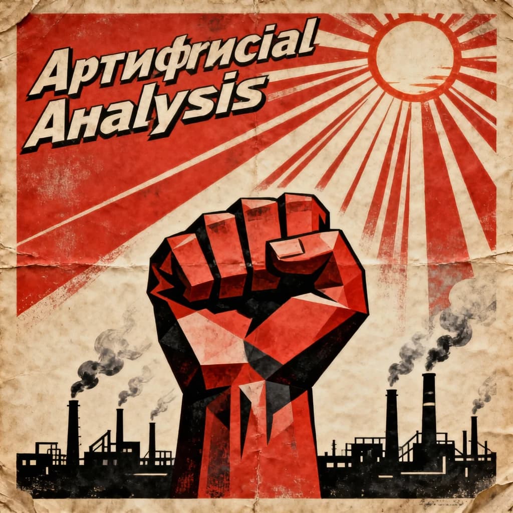 A propaganda poster in stark red, black, and beige. A clenched fist rises in the foreground, rendered with sharp geometric blocks. Behind it, radiating lines stretch upward toward a stylized sun. At the top, bold sans-serif lettering in Cyrillic-inspired type spells out Artificial Analysis, tilted at an angle for emphasis. A factory skyline silhouettes the bottom edge, smoke stacks rising into the background. The texture is rough, printed on aged paper with visible creases and ink bleed. Designed in the constructivist Soviet poster style.
