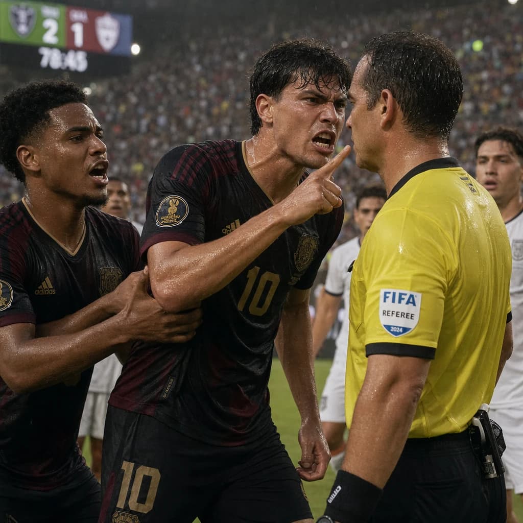 The soccer player clashes with the ref. It is thick and humid and the heat is getting to the players. His friend tries to pull him off before he causes any more trouble.