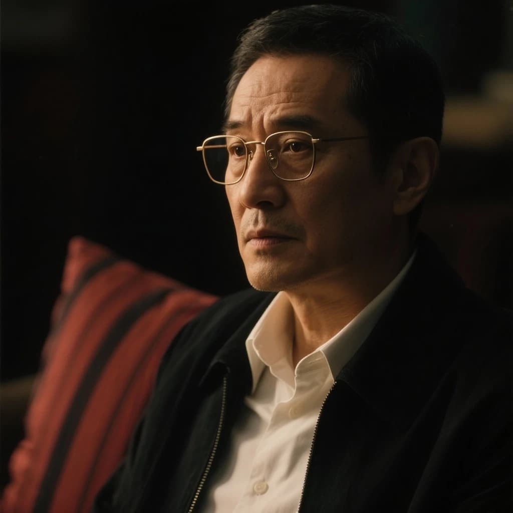 A sharply lit portrait of a middle-aged man wearing thin-rimmed glasses and a dark jacket over a white collared shirt. He gazes intently to the side, his face half illuminated by warm light while the background recedes into deep shadow. The expression is thoughtful, almost wary, as if caught mid-conversation. Behind him, a striped cushion in muted reds and blacks adds subtle texture, contrasting with the crisp highlights on his forehead and glasses. The overall mood is contemplative and cinematic, balancing warmth with tension.