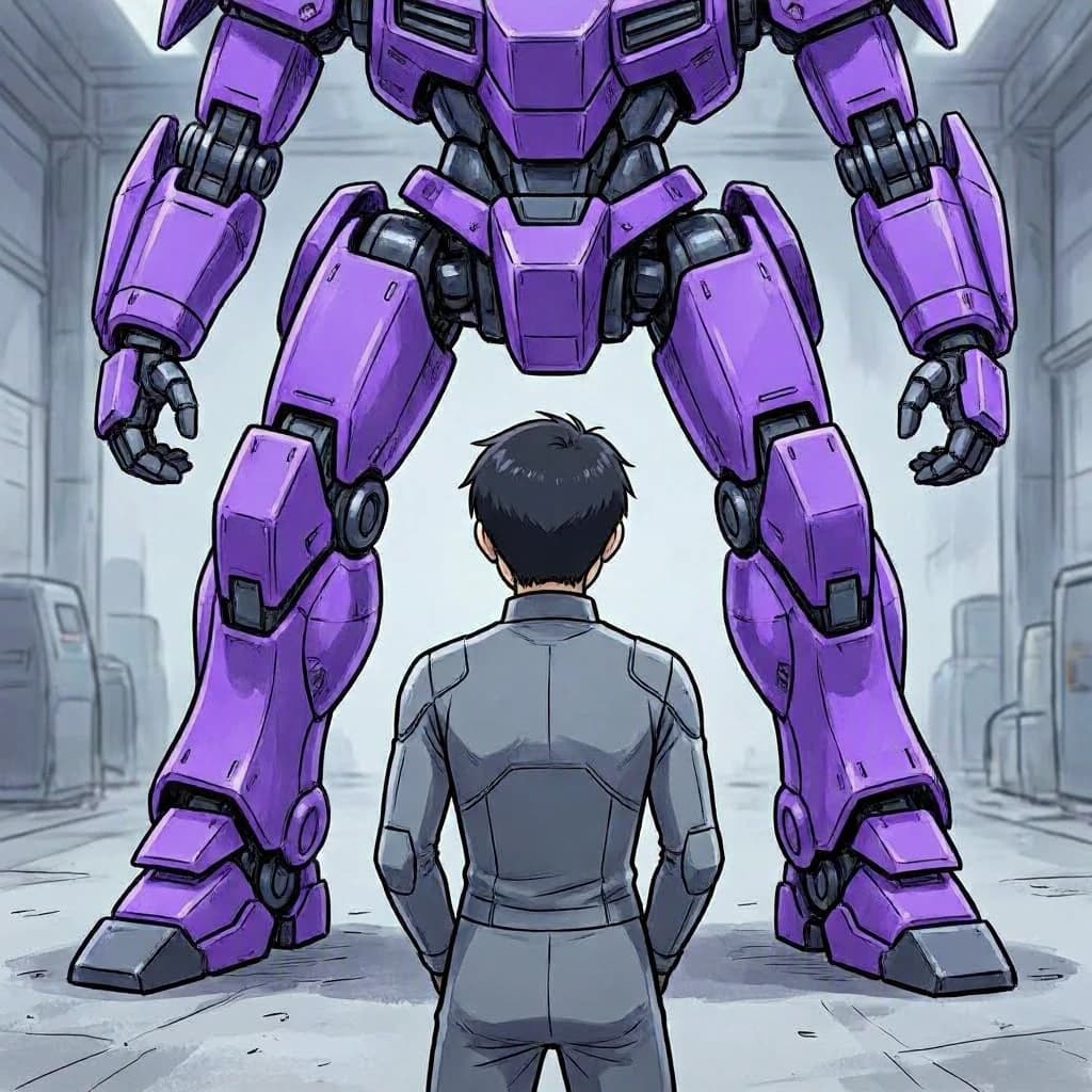 Clad in his body suit up to the neck, young Masa nervously approaches the towering mech with his back facing us. He is nervous for his first time in the field. The mech's bright purple colour scheme contrasts with the grey body suit. The scale of the mech dwarfs Masa. Hand drawn style
