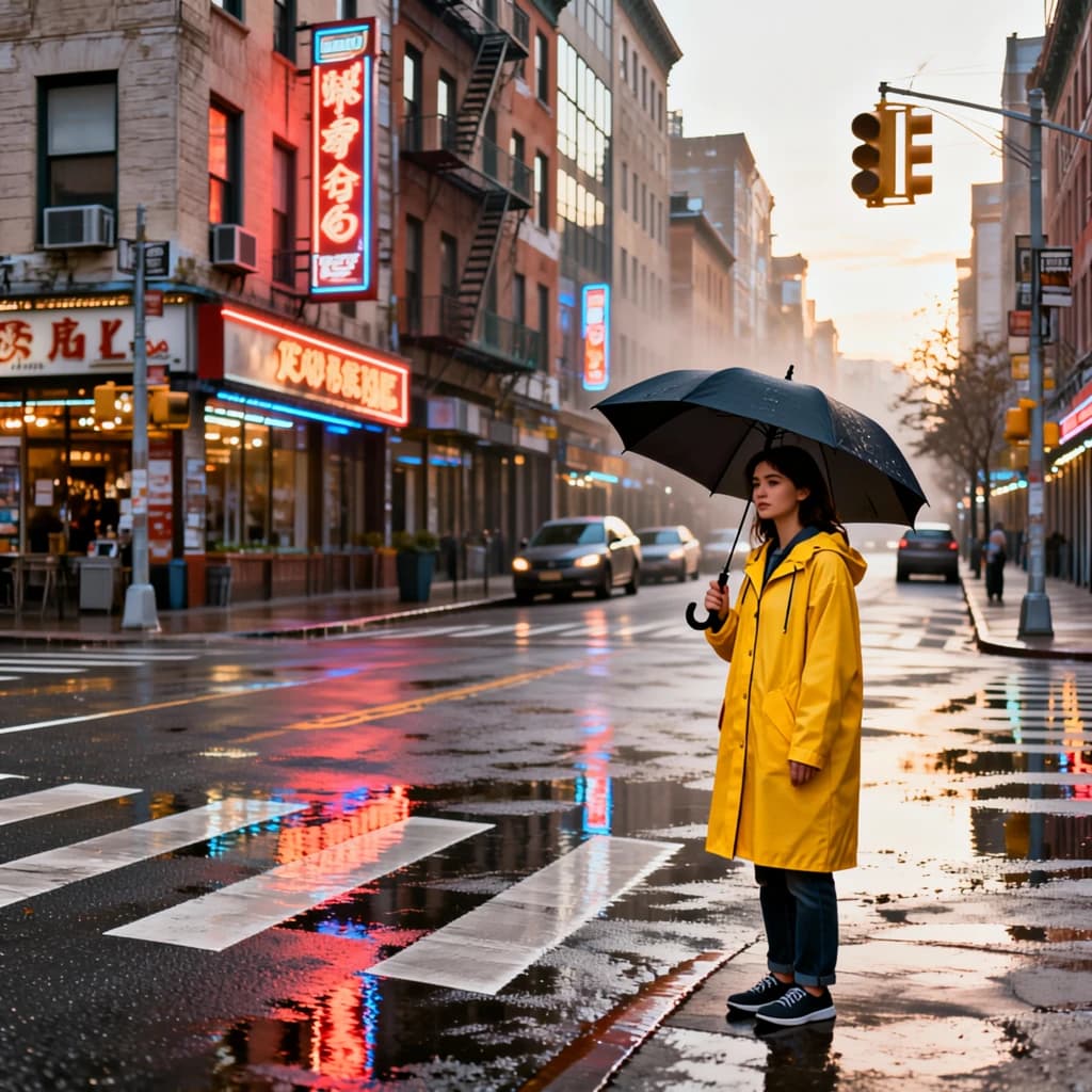 A sunlit city street after rain; puddles mirror neon signs as a woman in a yellow raincoat waits at a crosswalk, soft mist, 50mm look, natural tones, a bit of film grain.