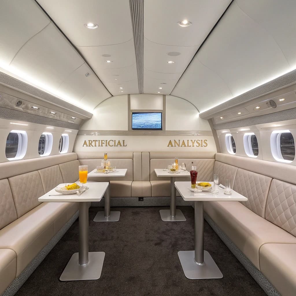 The orbital lounge has brushed aluminum walls and pale leather banquettes. Low white tables are inset with glowing touchscreens. Drinks are clear, flavorless, in tall unmarked glasses. The viewport is floor-to-ceiling, showing Earth moving slowly beneath. The word Artificial Analysis is etched discreetly on the glass in a frosted band.