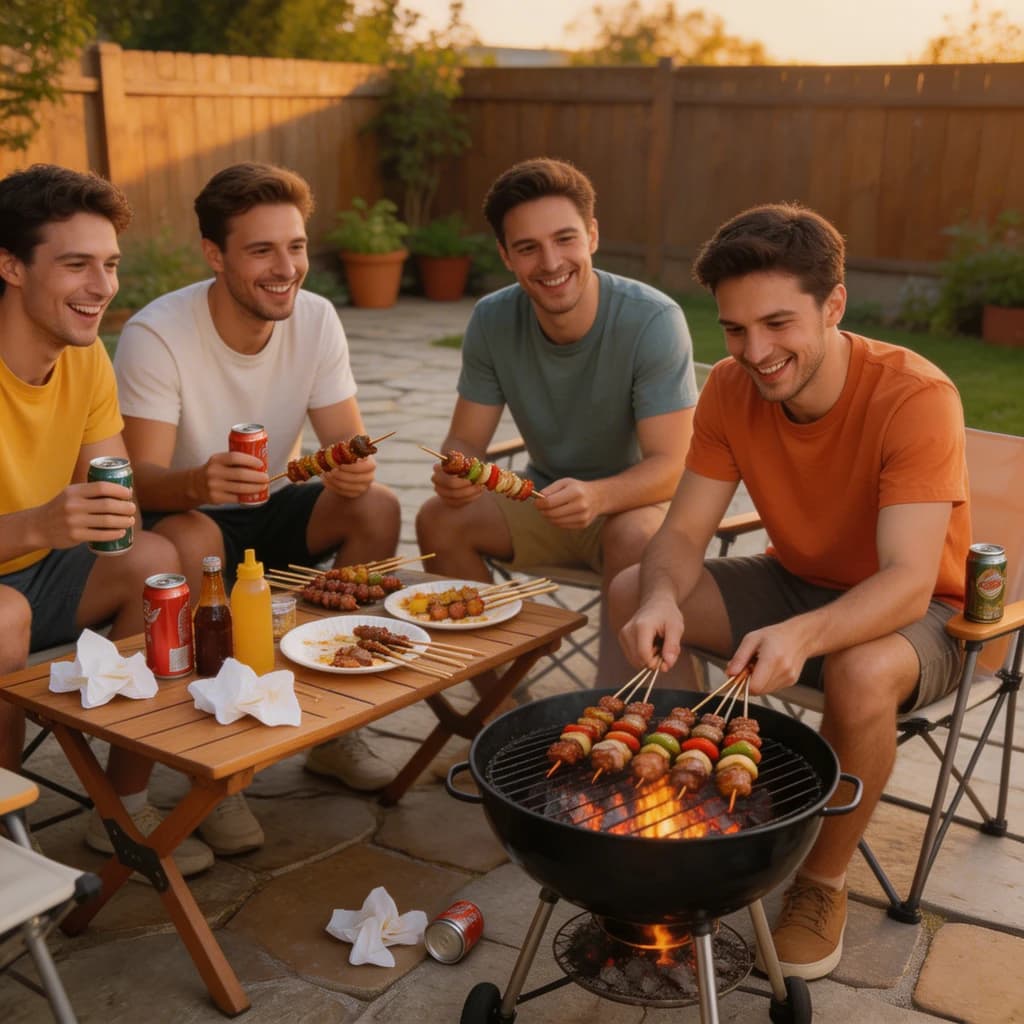 Friends grill skewers on a slightly messy patio.