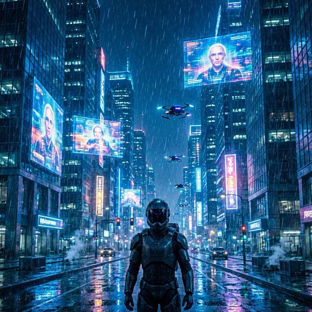 Rain-soaked neon megacity at night, flying taxis weave between glass towers, giant holograms flicker; a lone courier in a matte exosuit, somewhat cinematic wide angle.