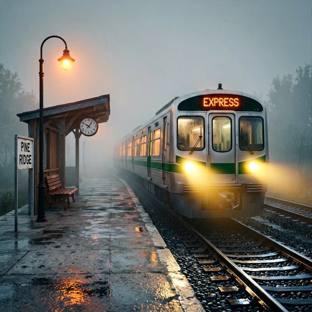 A commuter train enters a foggy little station.