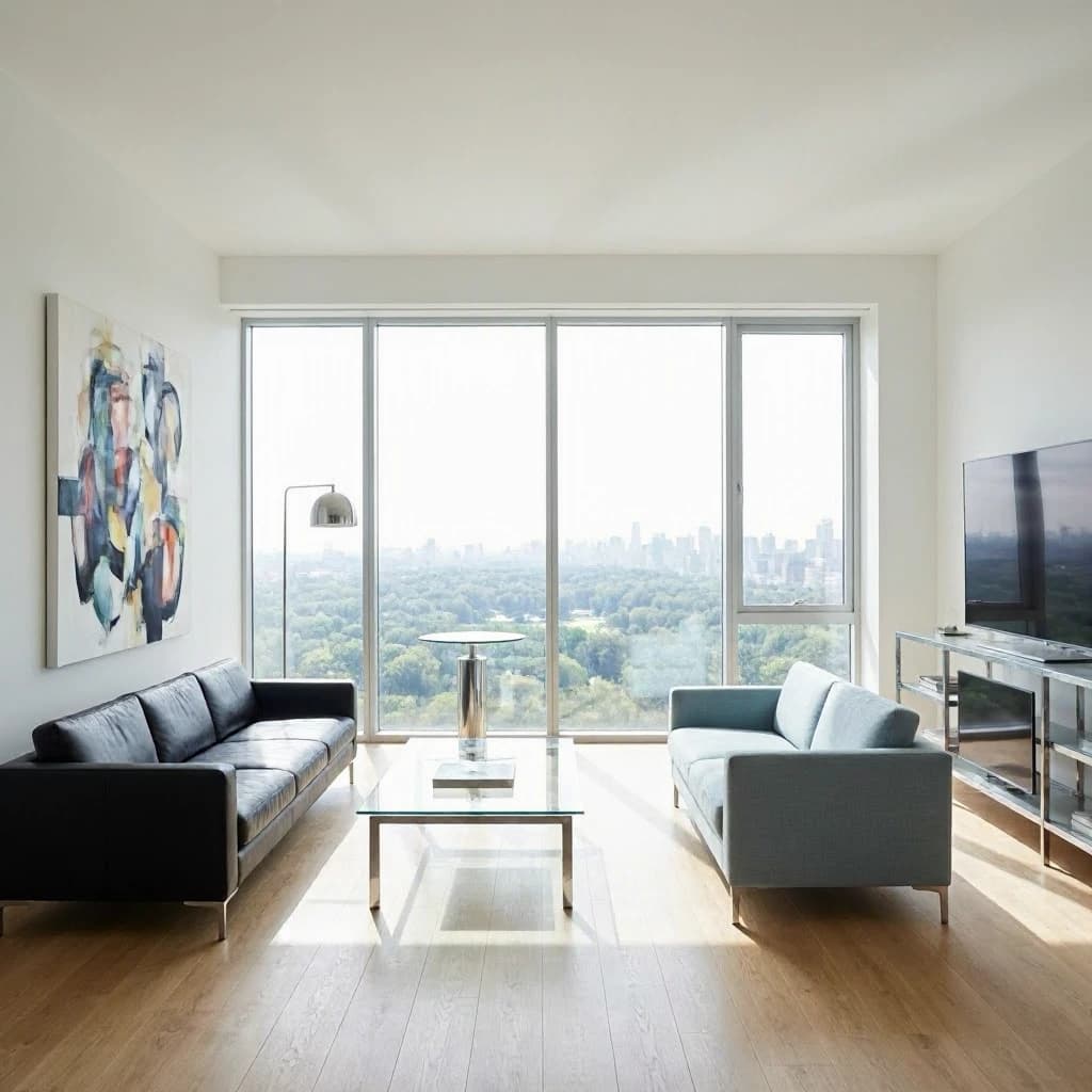 My apartment overlooks Central Park. It’s very luxurious, very expensive, and the furniture is minimal — a black leather couch, a glass coffee table with chrome legs, an Arne Jacobsen floor lamp. A big-screen television set rests on a steel shelving unit. A David Onica painting hangs above the couch. There’s a stainless steel and glass cocktail table. A powder-blue sofa. A thirty-inch digital TV.