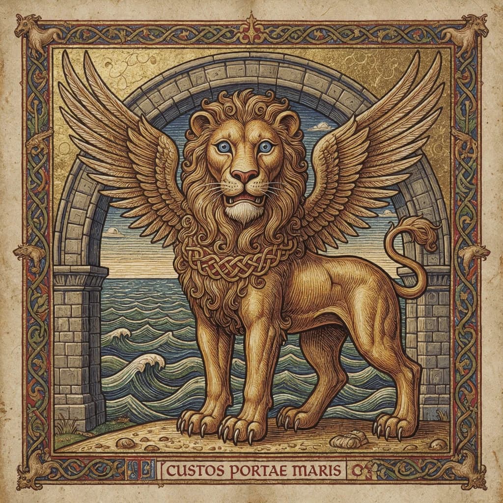 Paint an illuminated manuscript scene of a winged lion guarding a sea gate.
