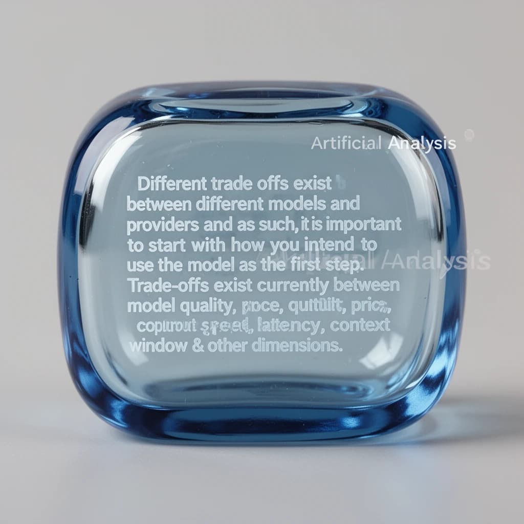 In a clear transparent blue glassy rounded box, etch "Different trade offs exist between different models and providers and as such, it is important to start with how you intend to use the model as the first step. Trade-offs exist currently between model quality, price, output speed, latency, context window & other dimensions. " in sans serif medium weight text. Artificial Analysis is watermarked over the top right 