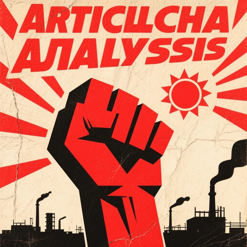 A propaganda poster in stark red, black, and beige. A clenched fist rises in the foreground, rendered with sharp geometric blocks. Behind it, radiating lines stretch upward toward a stylized sun. At the top, bold sans-serif lettering in Cyrillic-inspired type spells out Artificial Analysis, tilted at an angle for emphasis. A factory skyline silhouettes the bottom edge, smoke stacks rising into the background. The texture is rough, printed on aged paper with visible creases and ink bleed. Designed in the constructivist Soviet poster style.