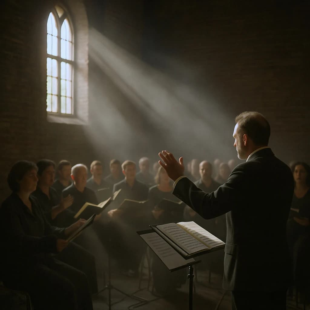 A choir rehearses in a brick hall as somewhat dramatic morning light falls through high windows, with a patient conductor mid-gesture, open scores, intent faces, slight motion blur.