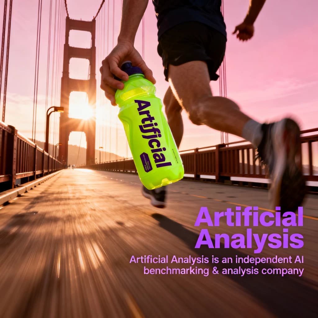 A runner dashes across the Golden Gate Bridge at dawn, sunlight streaming between cables. In their hand, they carry a neon-green sports drink with the brand name Artificial Analysis splashed boldly across the bottle. Motion blur emphasizes speed, while crisp purple sans serif typography overlays the bottom right of the scene with the tagline: Artificial Analysis is an independent AI benchmarking & analysis company
