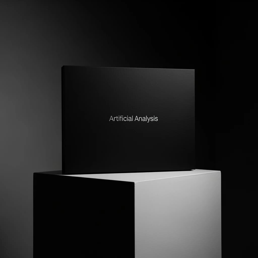 A premium matte black laptop-sized box rests on a pure white pedestal within a gallery space. Overhead, a single spotlight carves sharp contrast, leaving the edges in deep shadow. The brand name Artificial Analysis is embossed in silver foil, glinting faintly as though it were jewelry.