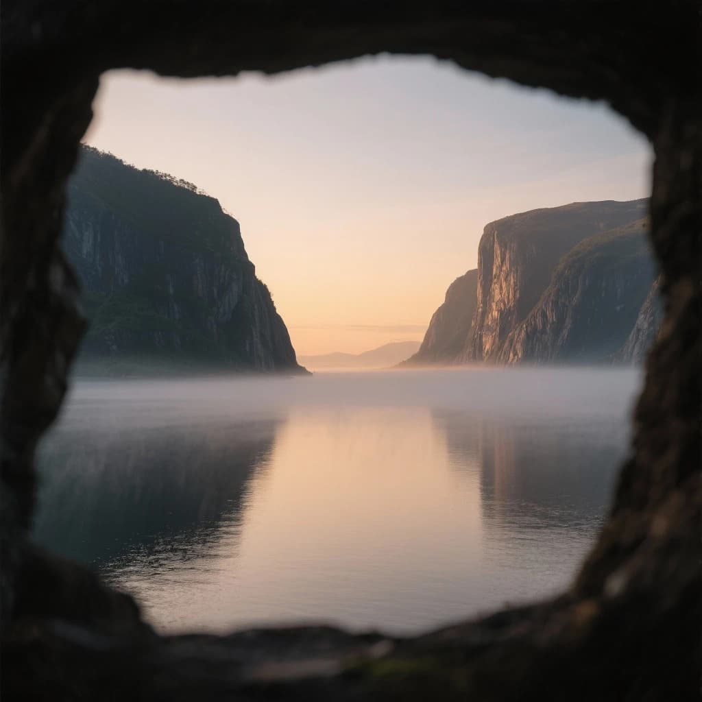 Frame a foggy fjord at sunrise, cliffs looming.