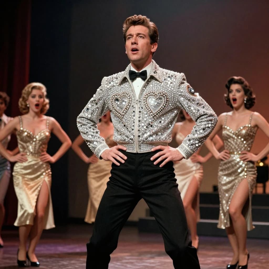 An archival image from 1953 of the rock singer swinging his hips on the stage while glamorous back up singers feign shock at his gyrations! He wears a diamond encrusted jacket with the stones arranged in the shape of a heart