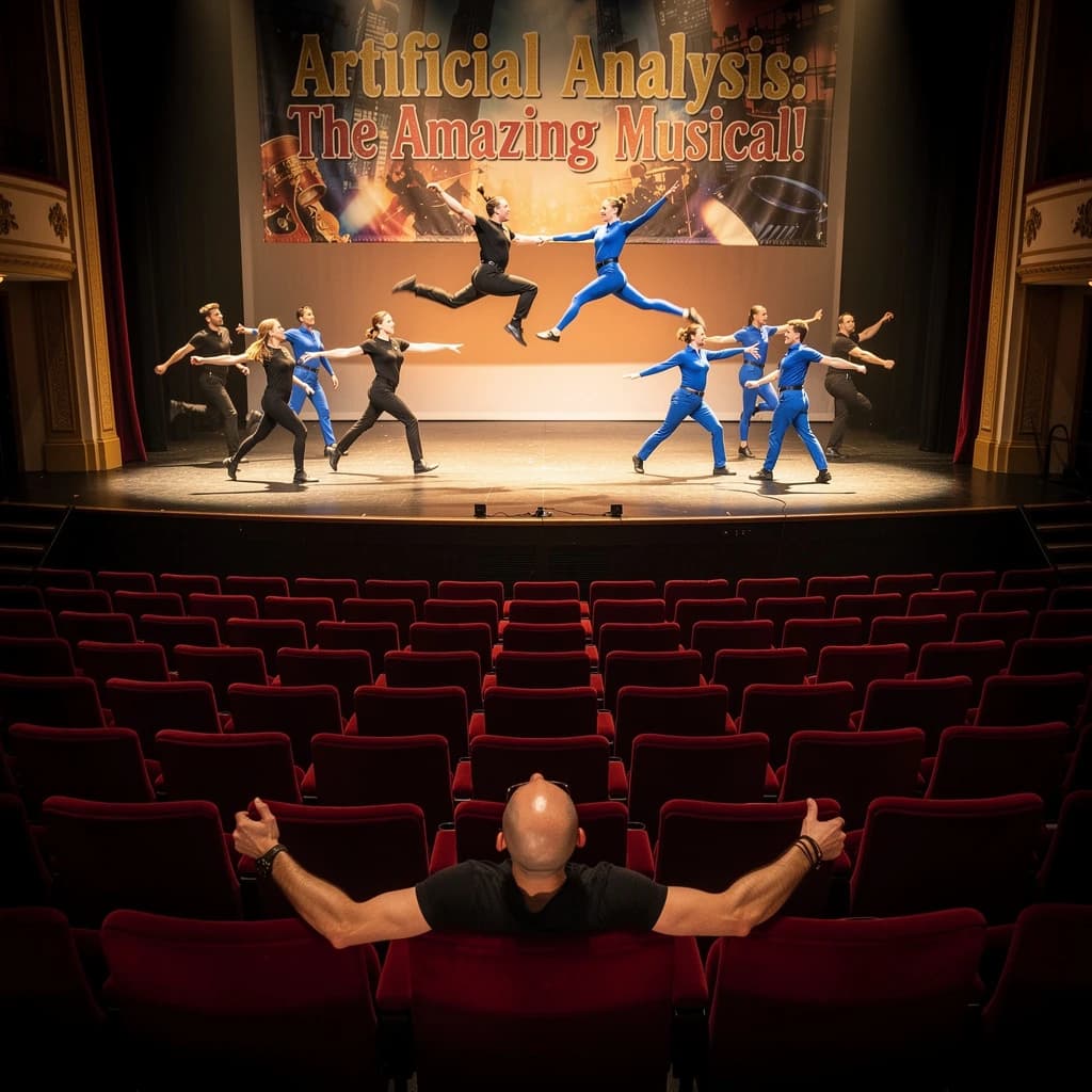 The musical troupe do a rehearsal in a large, empty theatre. 9 people are on the stage, half wear black and the others wear blue. The skinny bald director, seated in the second row, is practically leaping out of their seat with excitement as the leads nail their aerial. A giant banner reading "Artificial Analysis: The Amazing Musical!" is behind the actors.