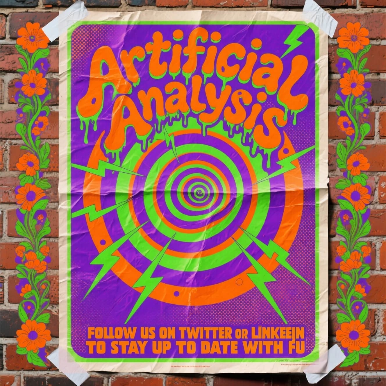 A portrait layout psychedelic concert poster from 1972 bathed in saturated oranges, deep purples, and acid greens. Swirling, hand-drawn typography arcs across the top, spelling out Artificial Analysis in bold, distorted letters that melt into spirals. Surrounded by radiating concentric circles and lightning-bolt motifs. The background is textured with halftone dots and faded paper creases, evoking a well-worn poster taped to a brick wall. Ornate floral borders frame the design, while the bottom features blocky retro lettering listing “Follow us on Twitter or LinkedIn to stay up to date with future analysis” in smaller text. 