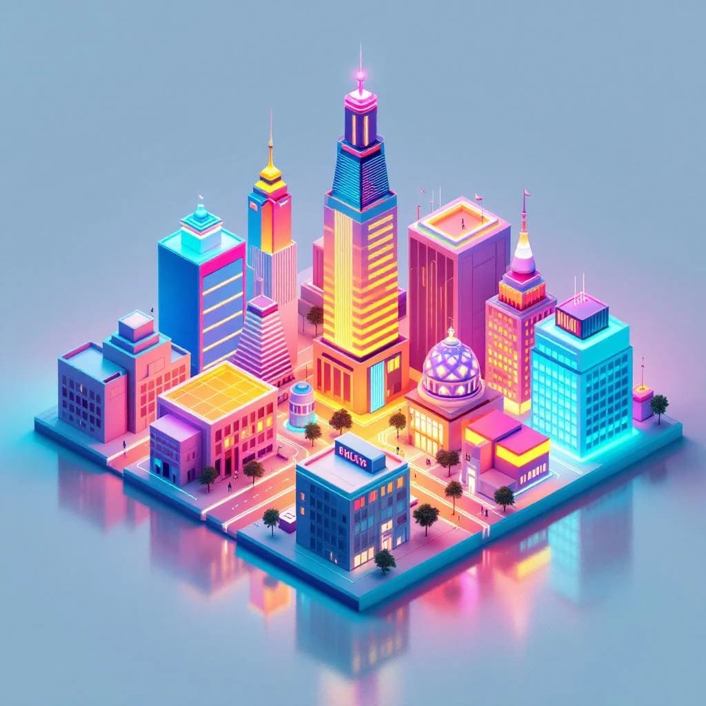 Render an isometric city poster with geometric buildings, neon gradients, gloss highlights, soft AO shadows, clean sans-serif lettering, grid layout, reflections a bit overexposed.