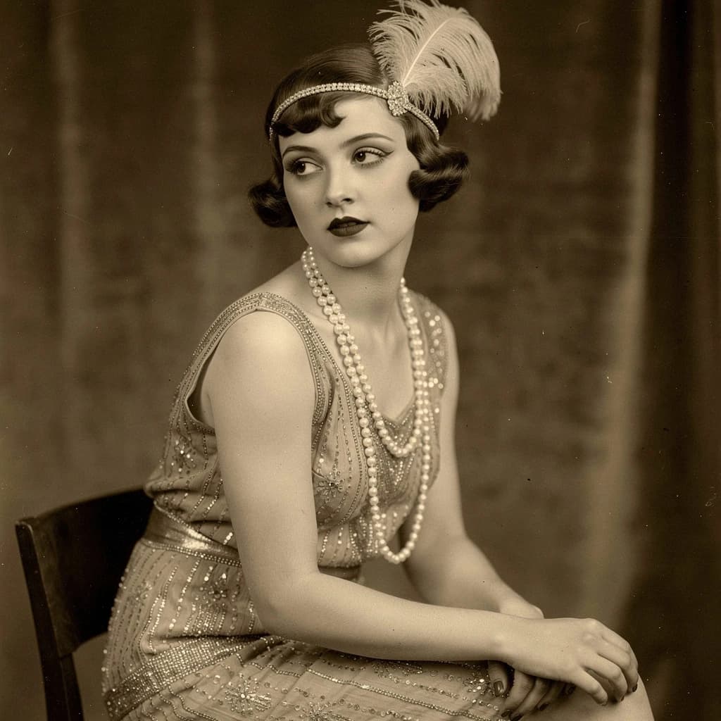 Sepia-toned studio portrait of a flapper with pearl necklace, soft grain.